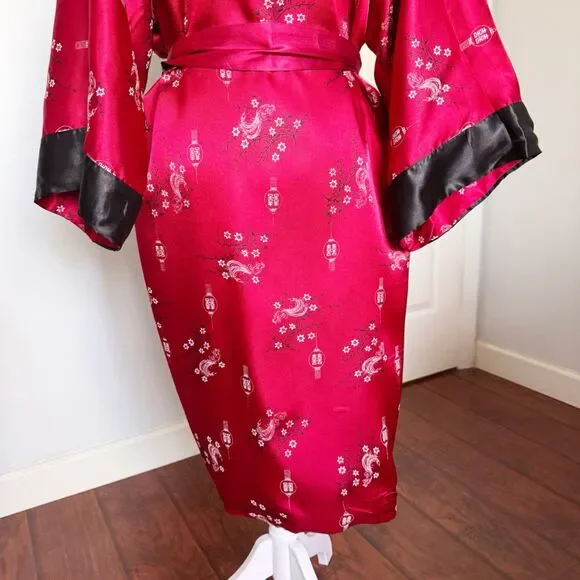 VTG Embroidered Dragon Reversible Satin Kimono Robe Asian Print Smoking Jacket S - Picture 10 of 16